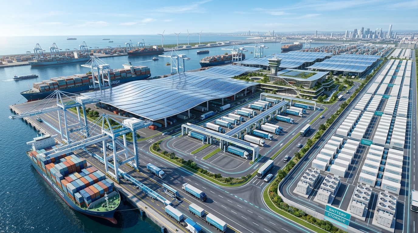 Full 42-hectare electrified port energy hub in context with deepwater container berths, captive solar canopies, and BESS compounds.