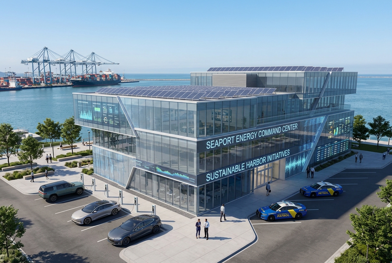 Central SCADA building with building-integrated photovoltaics (BIPV), dynamic architectural glass facades, and Tier-III microgrid server infrastructure.