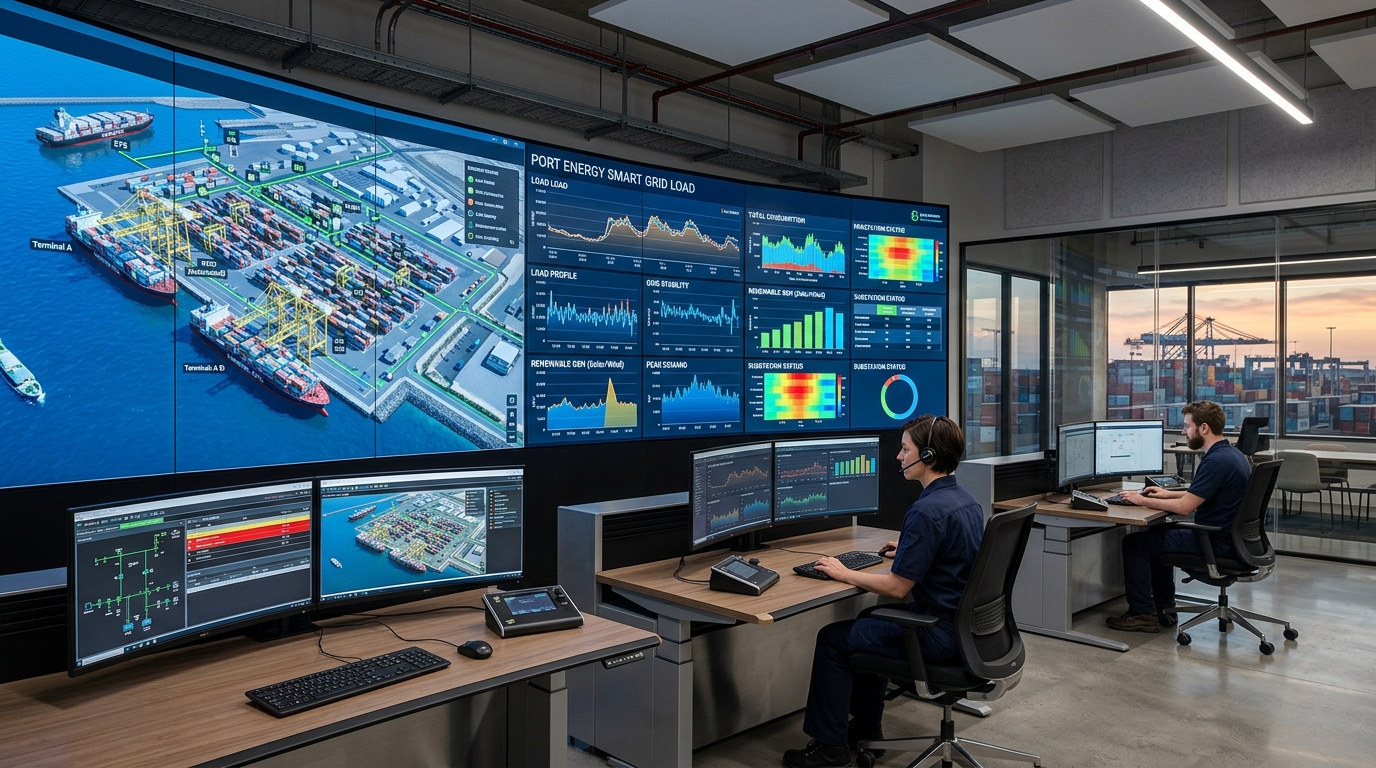 Ergonomic operator console floor with curved ultra-high-definition video walls tracking live smart grid load curves, spatial 3D digital twins, and substation breakers.