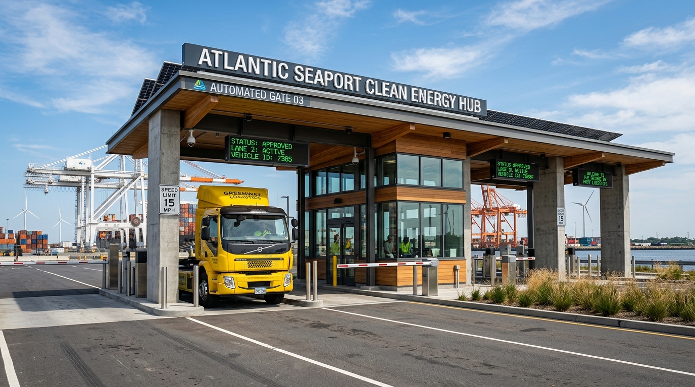 High-throughput access gate with automated optical character recognition, ANPR, RFID access control, and dynamic lane load dispatch.