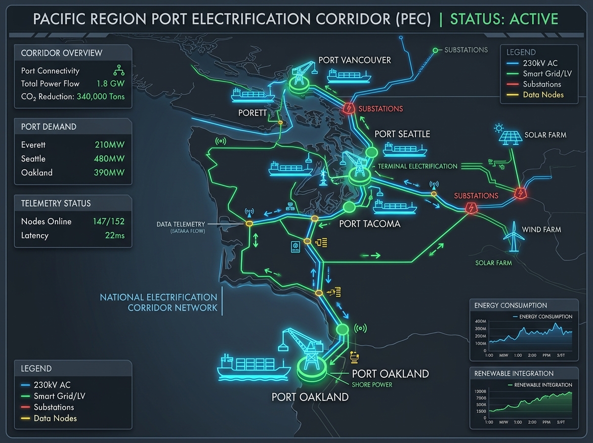 High-level schematic showing interconnected deepwater coastal ports, 230kV AC grid feeds, renewable energy nodes, and smart logistics corridors.