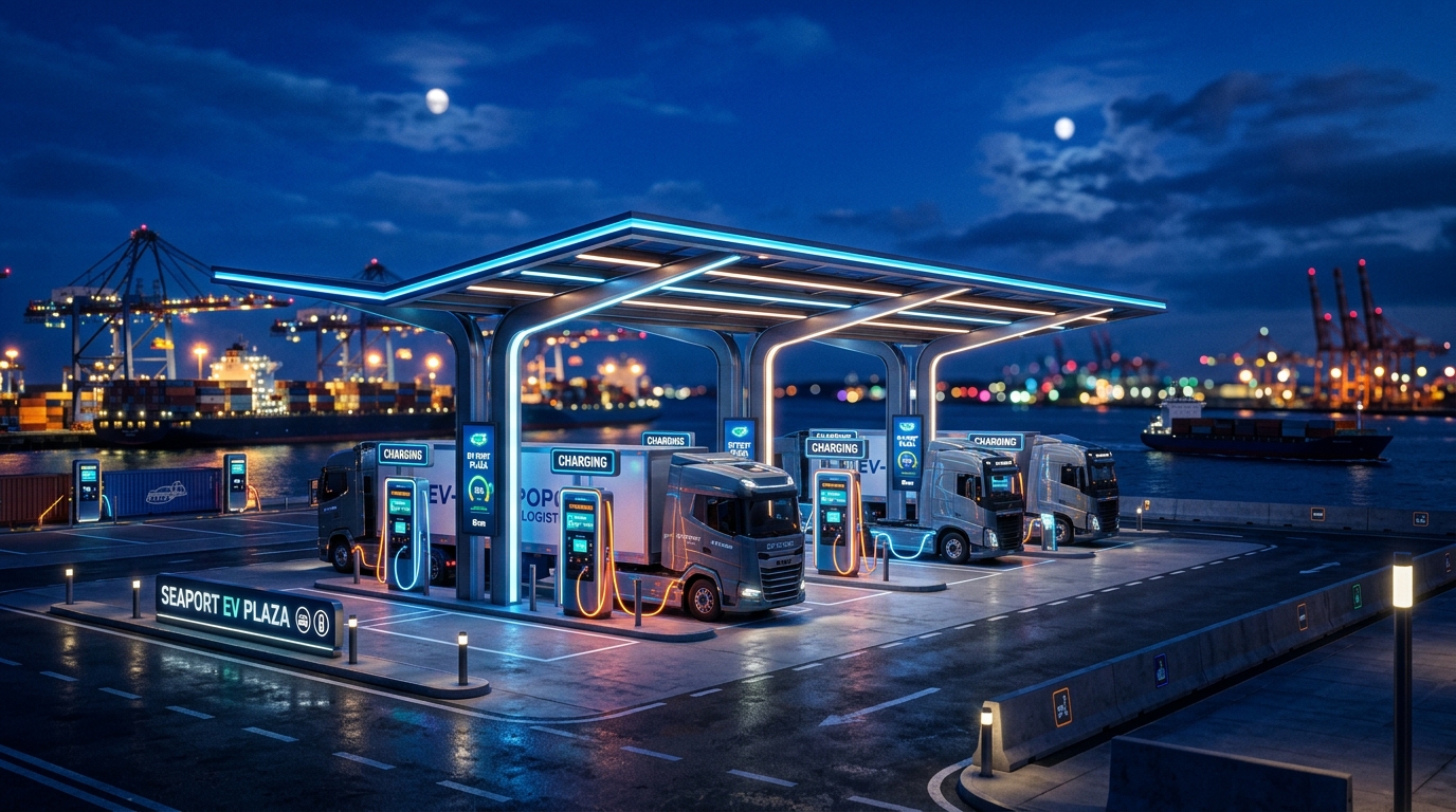 Illuminated night-shift charging operations with high-efficiency dark-sky compliant LED canopies, optical bay sensors, and autonomous load shedding.