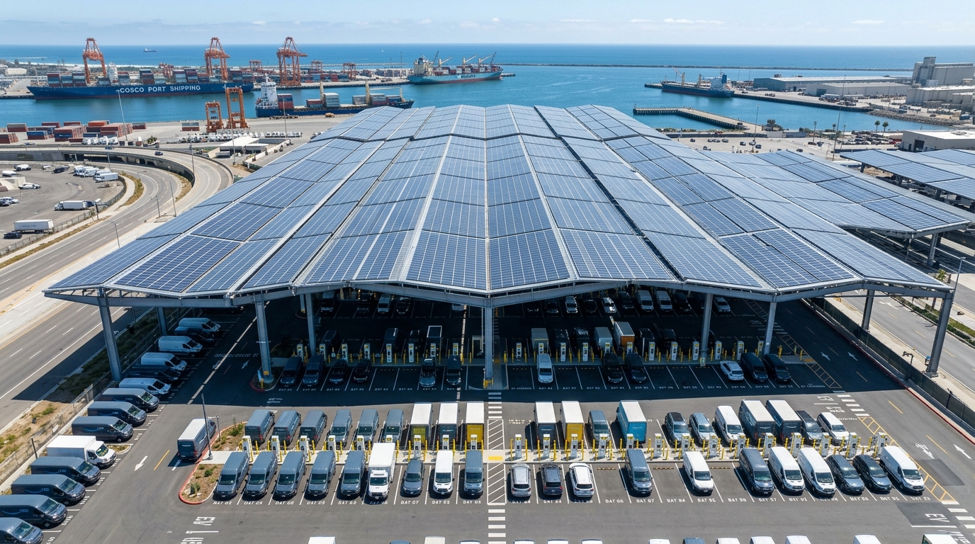 Elevated multi-megawatt bifacial monocrystalline canopy structures engineered for 200 km/h coastal wind gusts while providing equipment shade.