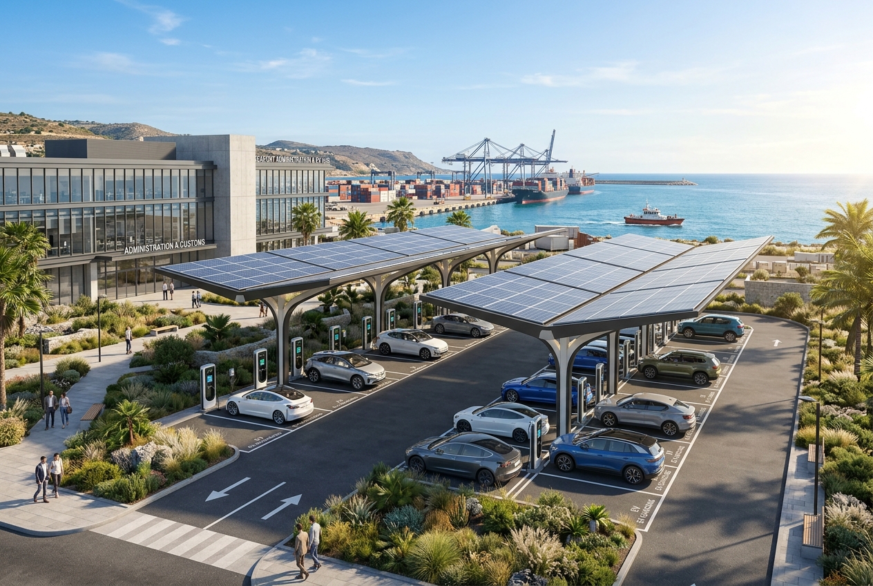 Zone A cantilevered solar canopy parking court with 22 kW Level 2 AC chargers and 60 kW DC fast units for port authority duty vehicles and pilot cars.