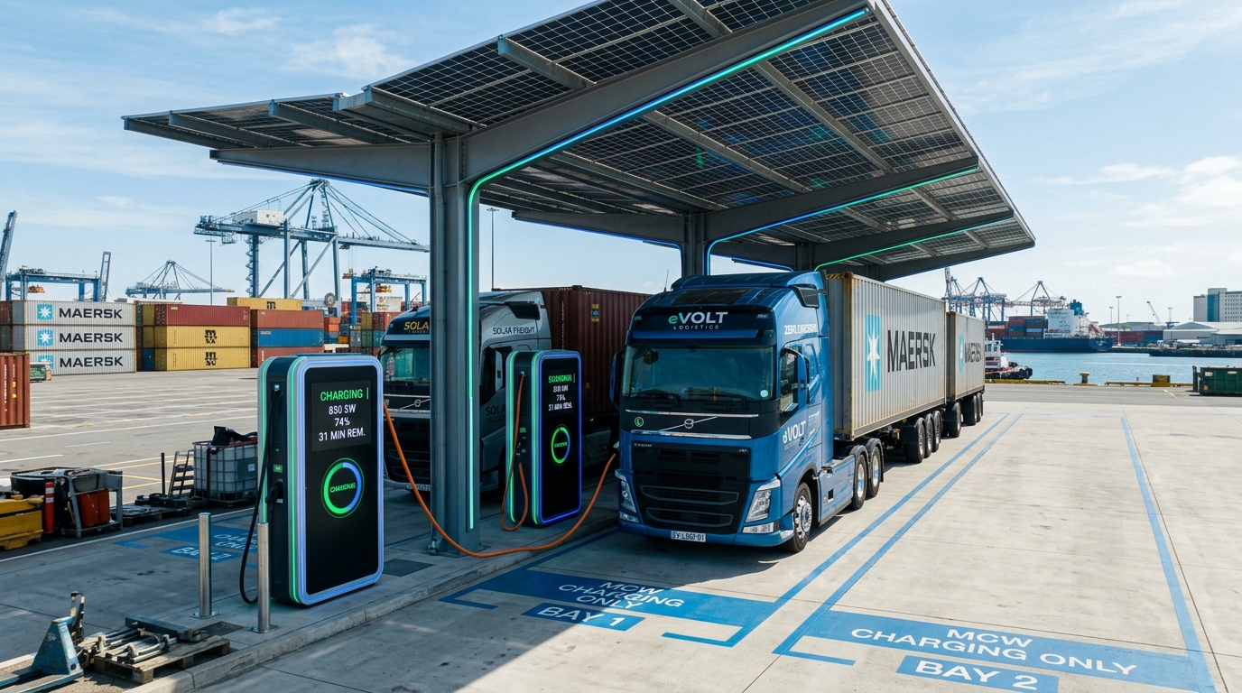 Zone D high-power charging lanes supporting 1 MW+ Megawatt Charging System (MCS) and 400 kW dual-gun CCS2 dispensers for Class 8 / multi-axle freight.